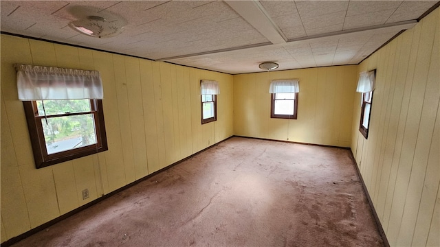 unfurnished room with carpet and wooden walls