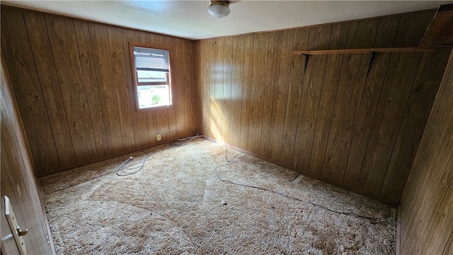 unfurnished room with wood walls and carpet floors