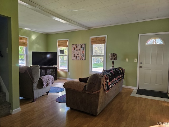 living room featuring ornamental molding, beam ceiling, hardwood / wood-style floors, and a wealth of natural light