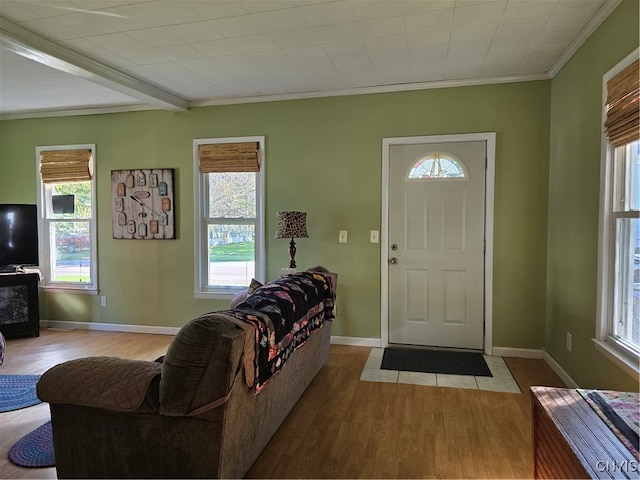 foyer featuring hardwood / wood-style flooring, ornamental molding, and a wealth of natural light