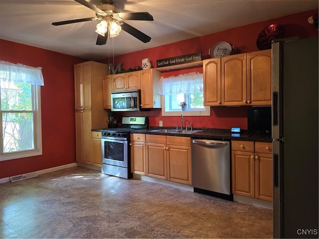 kitchen featuring a healthy amount of sunlight, sink, ceiling fan, and stainless steel appliances