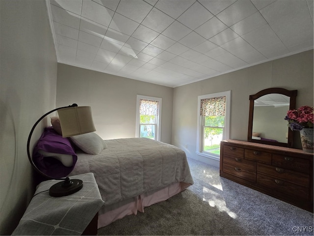 bedroom featuring crown molding and carpet flooring