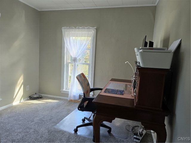 carpeted office with ornamental molding