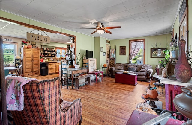 living room with light hardwood / wood-style floors and ceiling fan