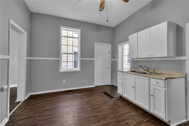 kitchen with white cabinetry, a textured ceiling, dark hardwood / wood-style floors, and sink