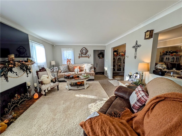 living room with ornamental molding and hardwood / wood-style floors