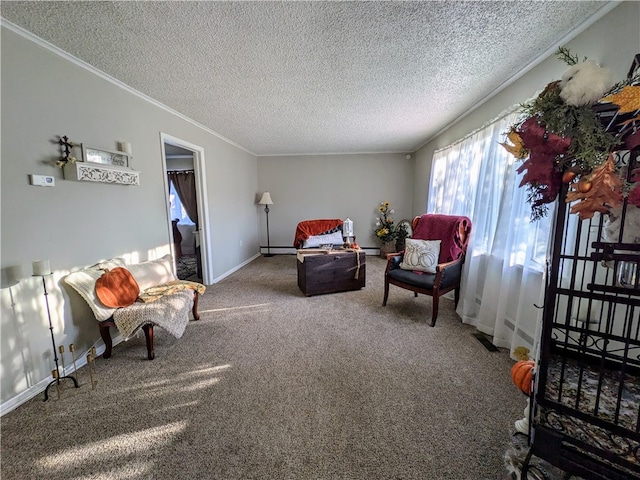 living area with a textured ceiling, carpet, ornamental molding, and a baseboard heating unit