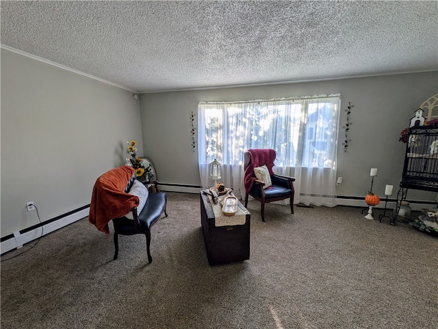 living area with carpet floors, crown molding, a textured ceiling, and a baseboard radiator