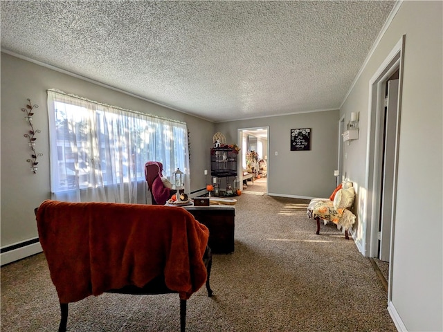 carpeted living room with ornamental molding, a baseboard heating unit, and a textured ceiling