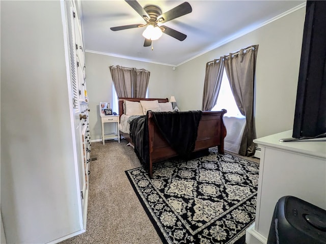 bedroom with light carpet, ceiling fan, and crown molding