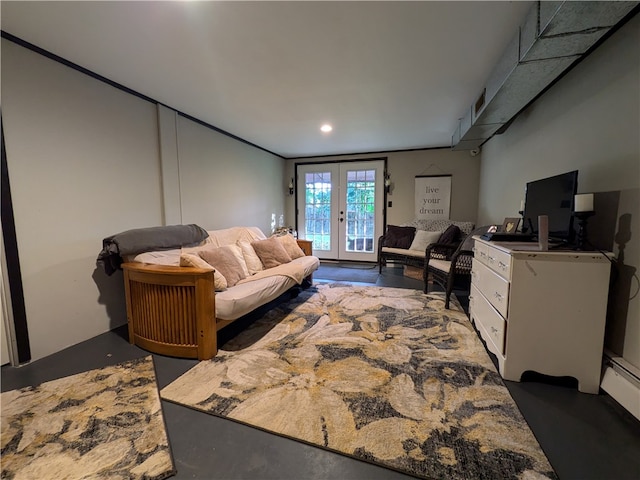 living room with french doors and a baseboard radiator