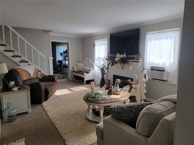 53 Orchard Pl, Bradford City, PA 16701 - carpeted living area featuring crown molding, stairway, and cooling unit