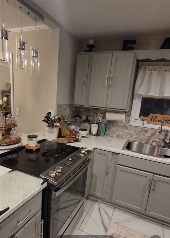 53 Orchard Pl, Bradford City, PA 16701 - kitchen with electric stove, gray cabinetry, tasteful backsplash, and light countertops