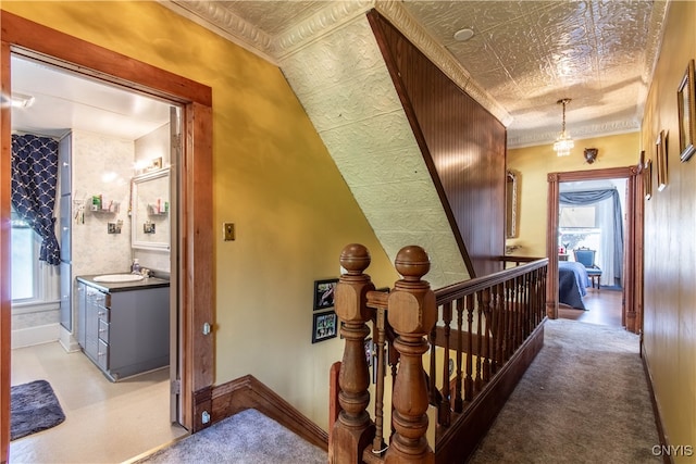 hallway with light colored carpet and sink