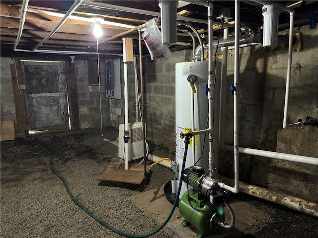 basement featuring electric panel and water heater