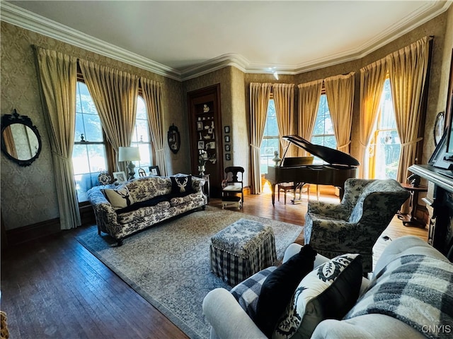 living area with ornamental molding and wood-type flooring