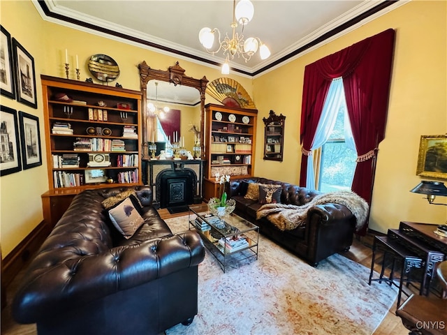 living room with ornamental molding, hardwood / wood-style flooring, an inviting chandelier, and a wood stove