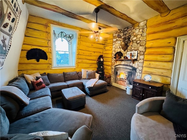 carpeted living room featuring ceiling fan, beamed ceiling, a fireplace, and rustic walls