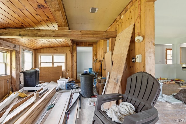 misc room featuring vaulted ceiling with beams, plenty of natural light, wood walls, and wooden ceiling