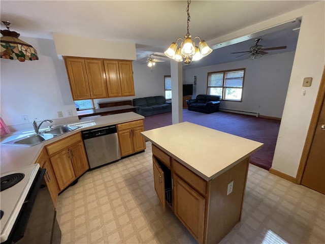 kitchen with stove, dishwasher, sink, decorative light fixtures, and a center island