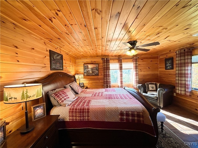 bedroom featuring wood walls, ceiling fan, and wooden ceiling