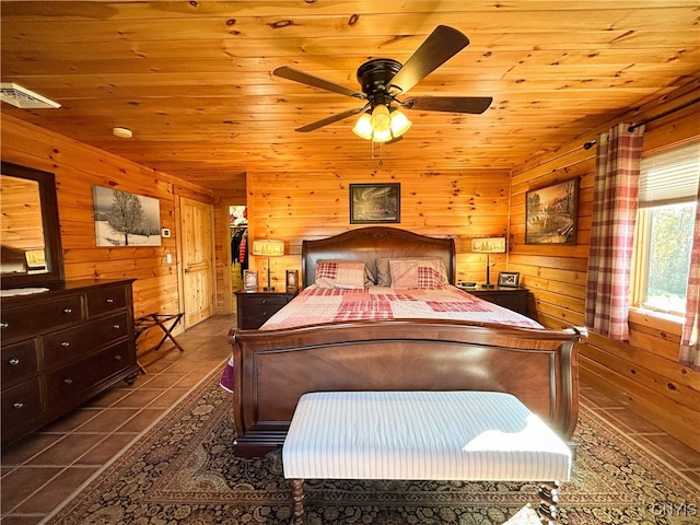 tiled bedroom featuring wooden ceiling, ceiling fan, and wooden walls