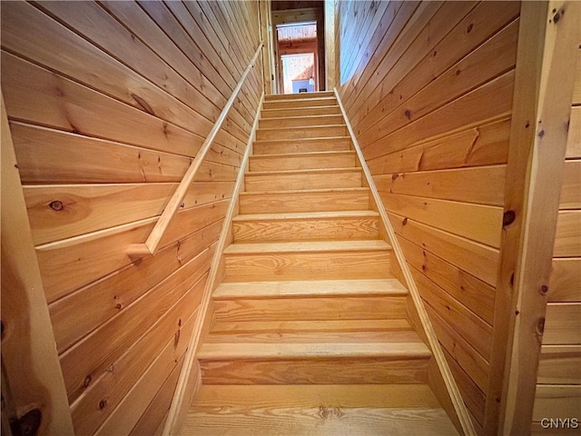 stairs featuring wood walls