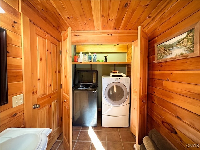 washroom featuring wood ceiling, wooden walls, and dark tile patterned flooring