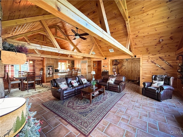 living room featuring high vaulted ceiling, wooden walls, wooden ceiling, and beam ceiling