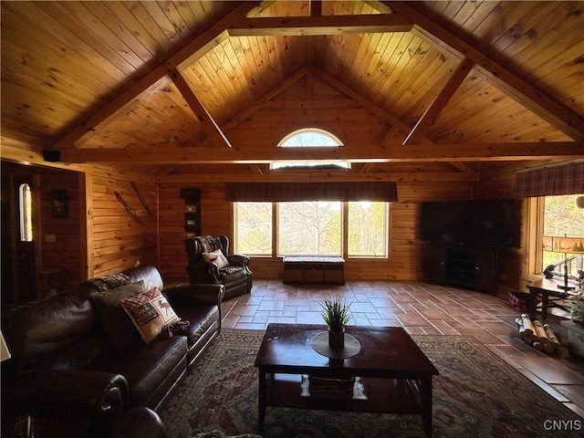 living room featuring wood walls, wooden ceiling, beam ceiling, and high vaulted ceiling