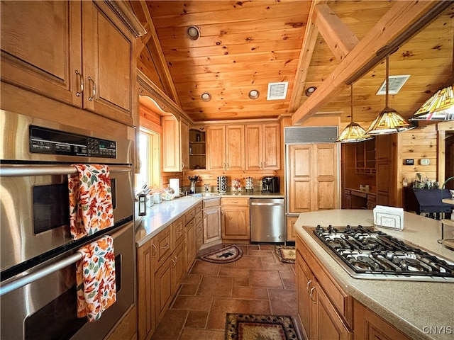 kitchen with pendant lighting, appliances with stainless steel finishes, lofted ceiling, and wood ceiling