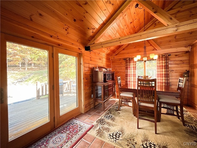 dining space featuring wood walls, vaulted ceiling with beams, wood ceiling, and an inviting chandelier