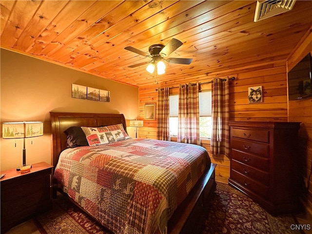 bedroom featuring wood walls, wood ceiling, ceiling fan, and dark hardwood / wood-style floors