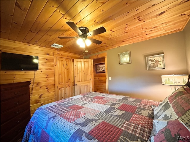 bedroom with wood walls, ceiling fan, and wood ceiling