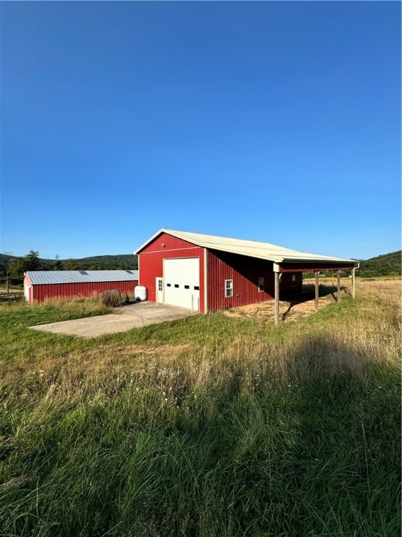 garage with a rural view