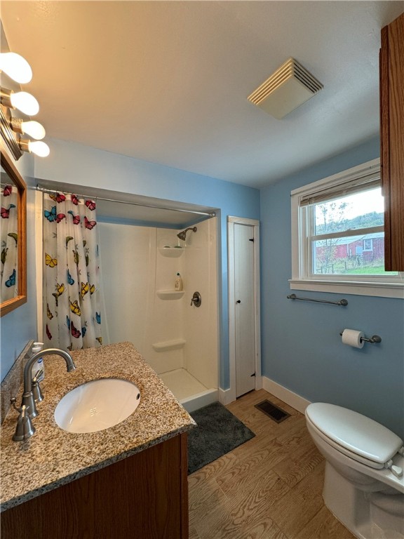 bathroom featuring a shower with shower curtain, wood-type flooring, vanity, and toilet