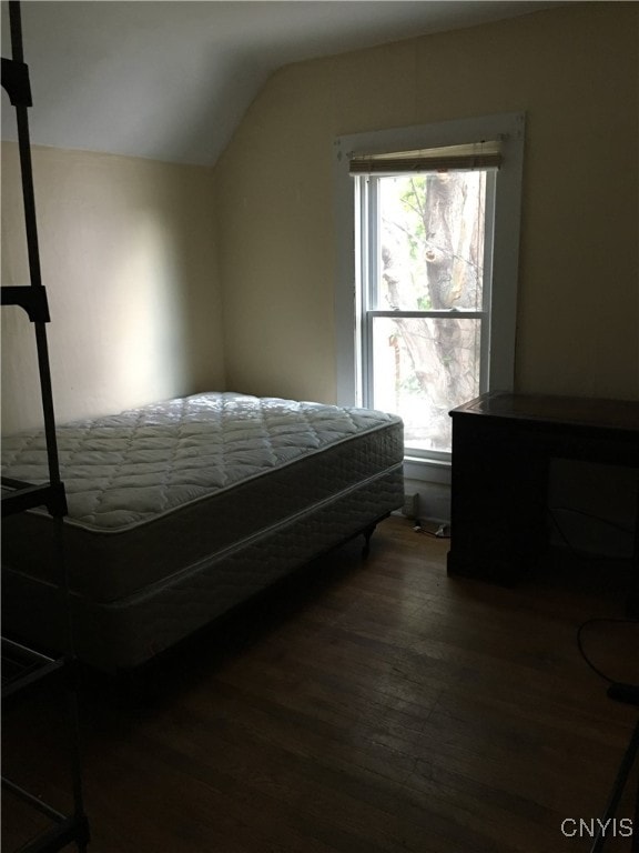 bedroom featuring lofted ceiling and dark hardwood / wood-style flooring