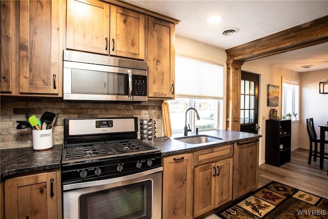 kitchen featuring dark hardwood / wood-style floors, a healthy amount of sunlight, sink, and stainless steel appliances