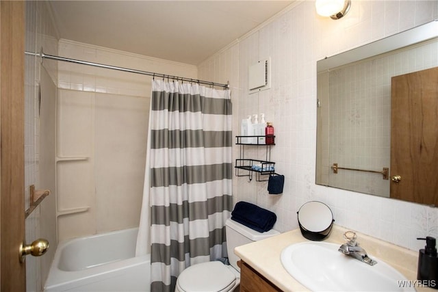 full bathroom with vanity, backsplash, toilet, shower / bathtub combination with curtain, and tile walls