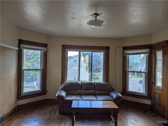 living room featuring plenty of natural light and dark hardwood / wood-style floors