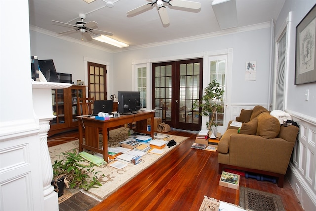 office featuring french doors, crown molding, wood-type flooring, and ceiling fan