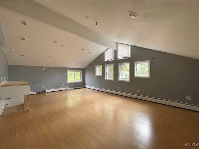 bonus room featuring vaulted ceiling with beams, light hardwood / wood-style flooring, and a baseboard heating unit