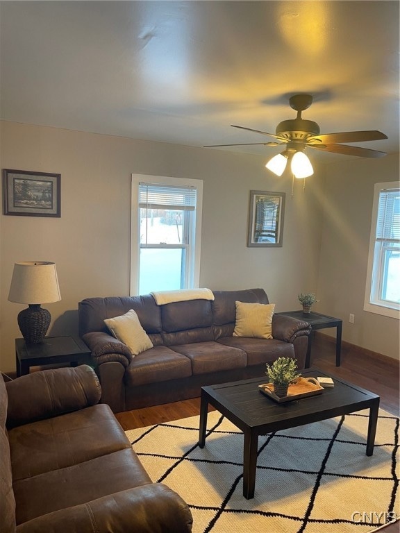 living room with a healthy amount of sunlight, ceiling fan, and light hardwood / wood-style floors