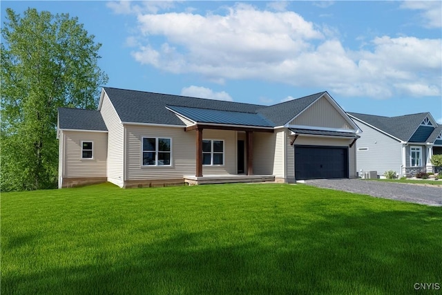 LOT58 Chillingham Way, Lysander, NY 13027 - ranch-style house with gravel driveway, an attached garage, a front lawn, a porch, and cooling unit