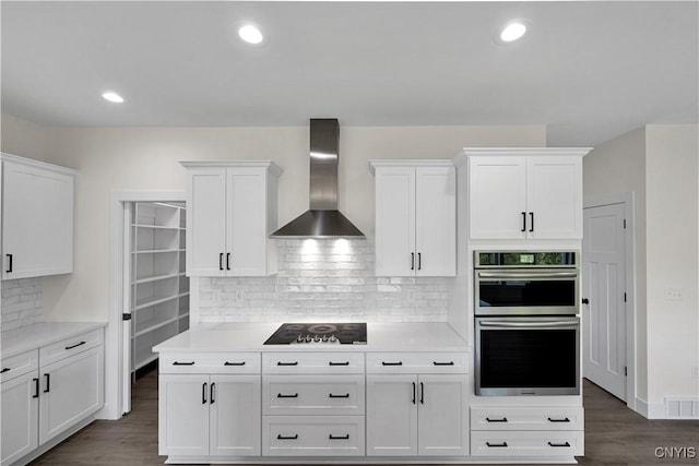 LOT58 Chillingham Way, Lysander, NY 13027 - kitchen featuring wall chimney range hood, black electric stovetop, stainless steel double oven, light countertops, and white cabinetry