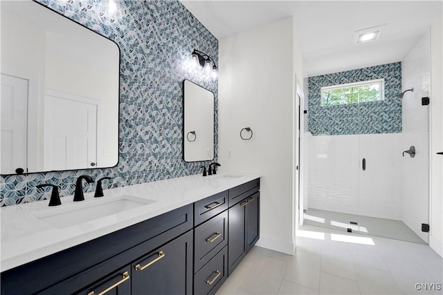 LOT58 Chillingham Way, Lysander, NY 13027 - bathroom featuring a stall shower, double vanity, and tile patterned floors