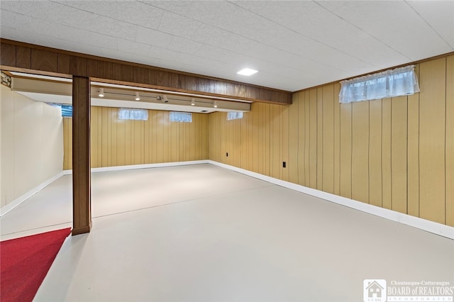 basement with wooden walls and a wealth of natural light