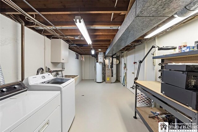 69 Cottage St Unit S, Pomfret, NY 14063 - unfinished basement featuring washer and dryer, gas water heater, and heating unit