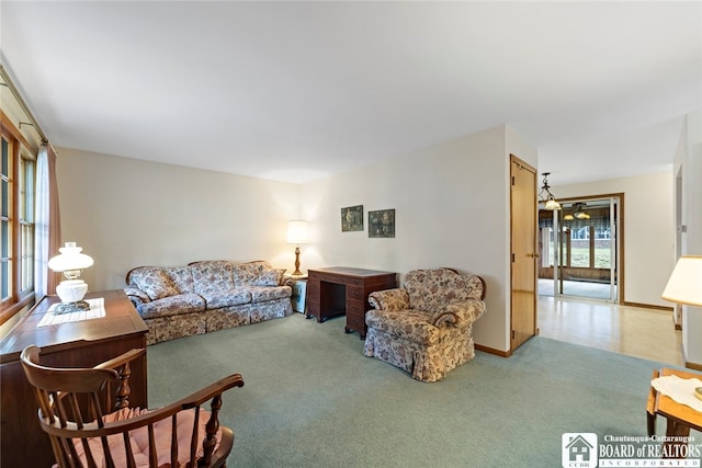 living room featuring light carpet