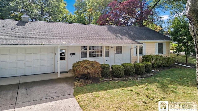 69 Cottage St Unit S, Pomfret, NY 14063 - single story home featuring a front yard, a garage, a shingled roof, board and batten siding, and a chimney